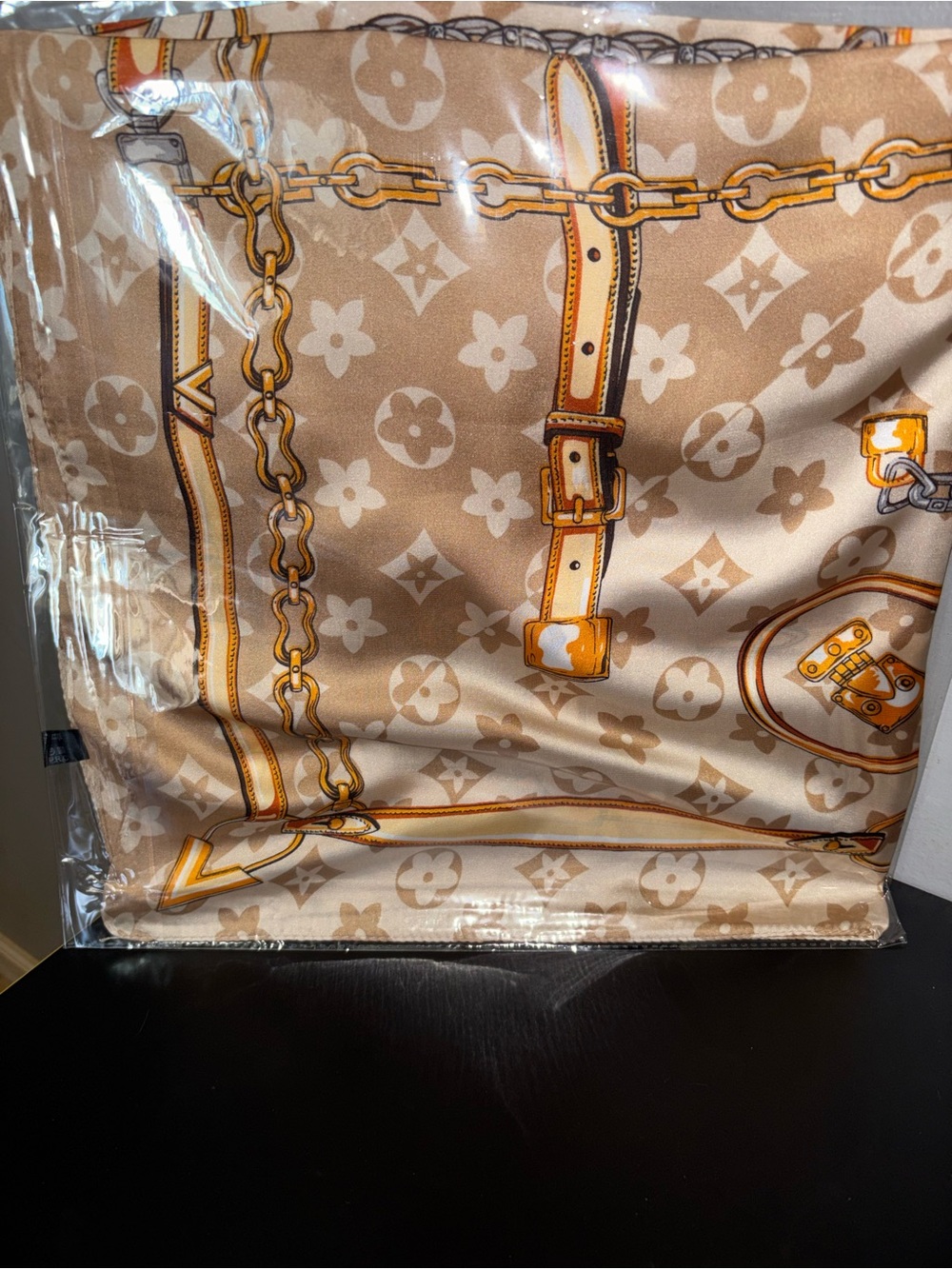 ✨ Chic Monogram Print Silk Square Scarf - Beige & Gold ✨